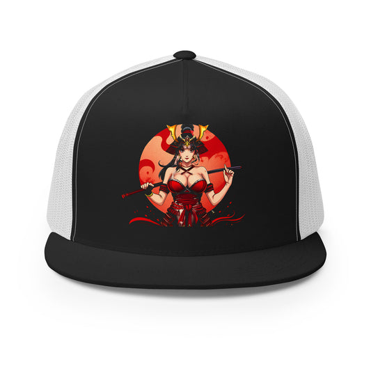 LuckeLadybug trucker hat featuring an epic warrior streetwear cap design with bold red and black colors