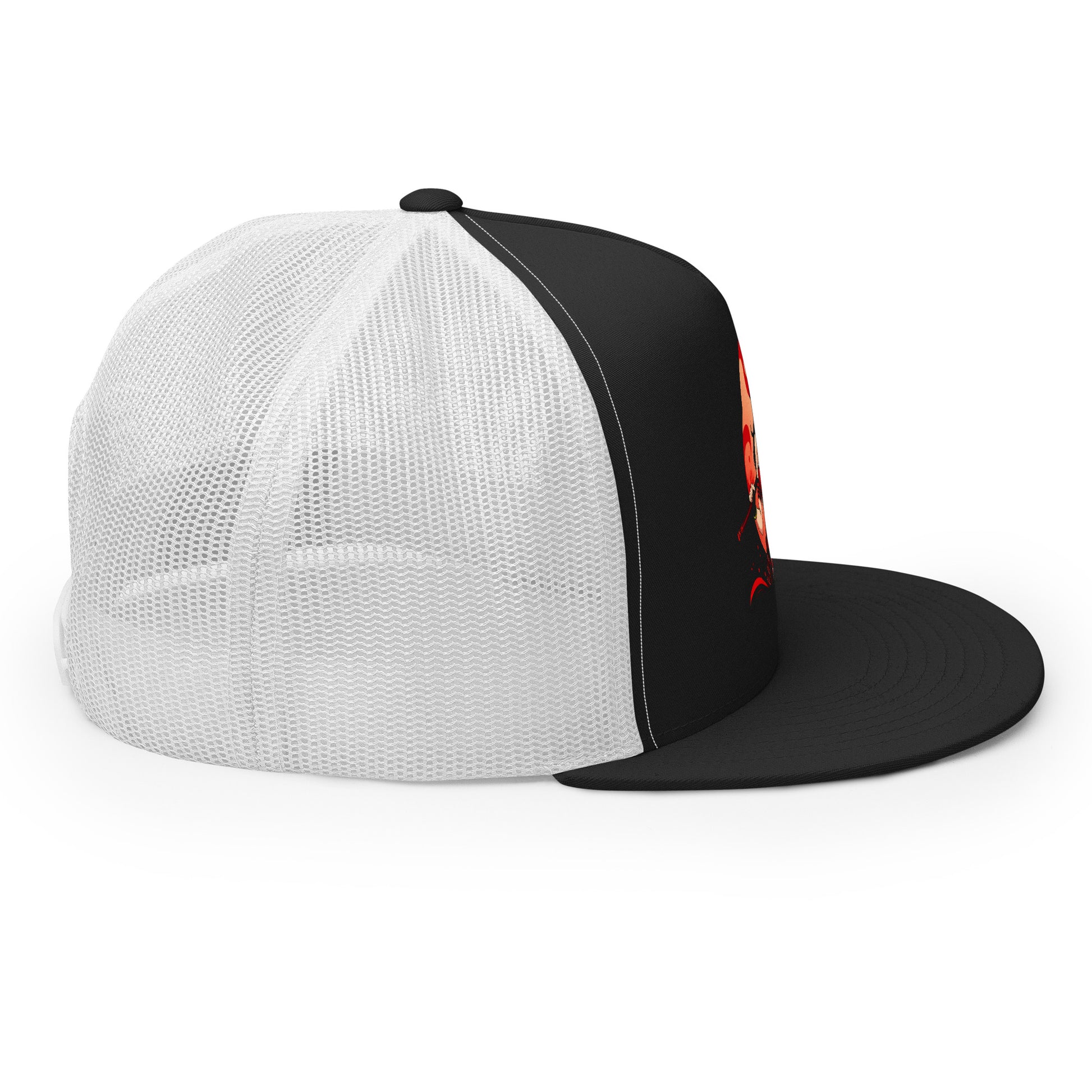 LuckeLadybug black and white trucker hat with mesh back featuring epic warrior streetwear cap design