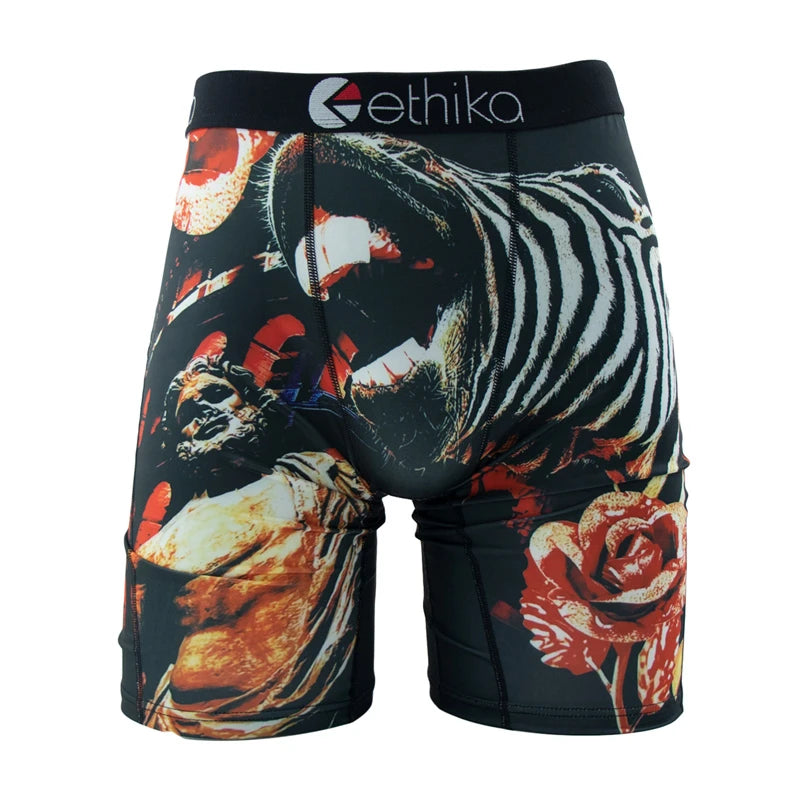 Ethika men's boxer briefs featuring a bold graphic design with a zebra and rose pattern.