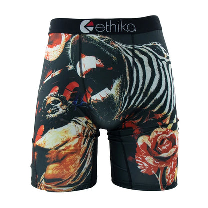 Ethika men's boxer briefs featuring a bold graphic design with a zebra and rose pattern.