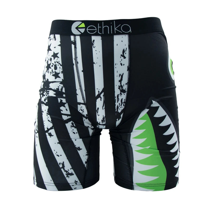 Ethika men's boxer briefs with a black and green design featuring bold graphic patterns