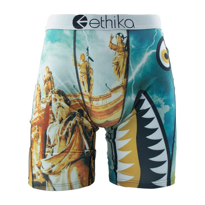 Ethika men's boxer briefs featuring a vibrant graphic design with statues and a shark motif