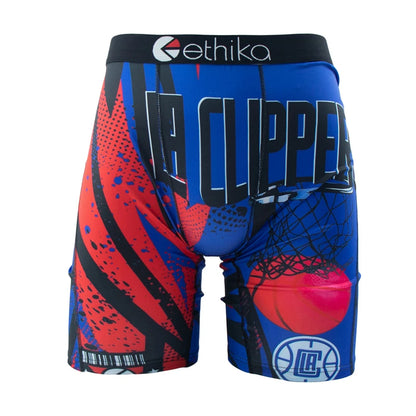 Ethika men's boxer briefs featuring a vibrant LA Clippers design with basketball graphics