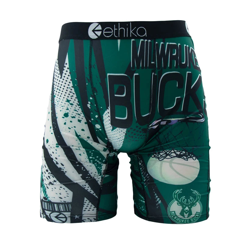 Ethika men's boxer briefs featuring a vibrant Milwaukee Bucks design with bold graphics