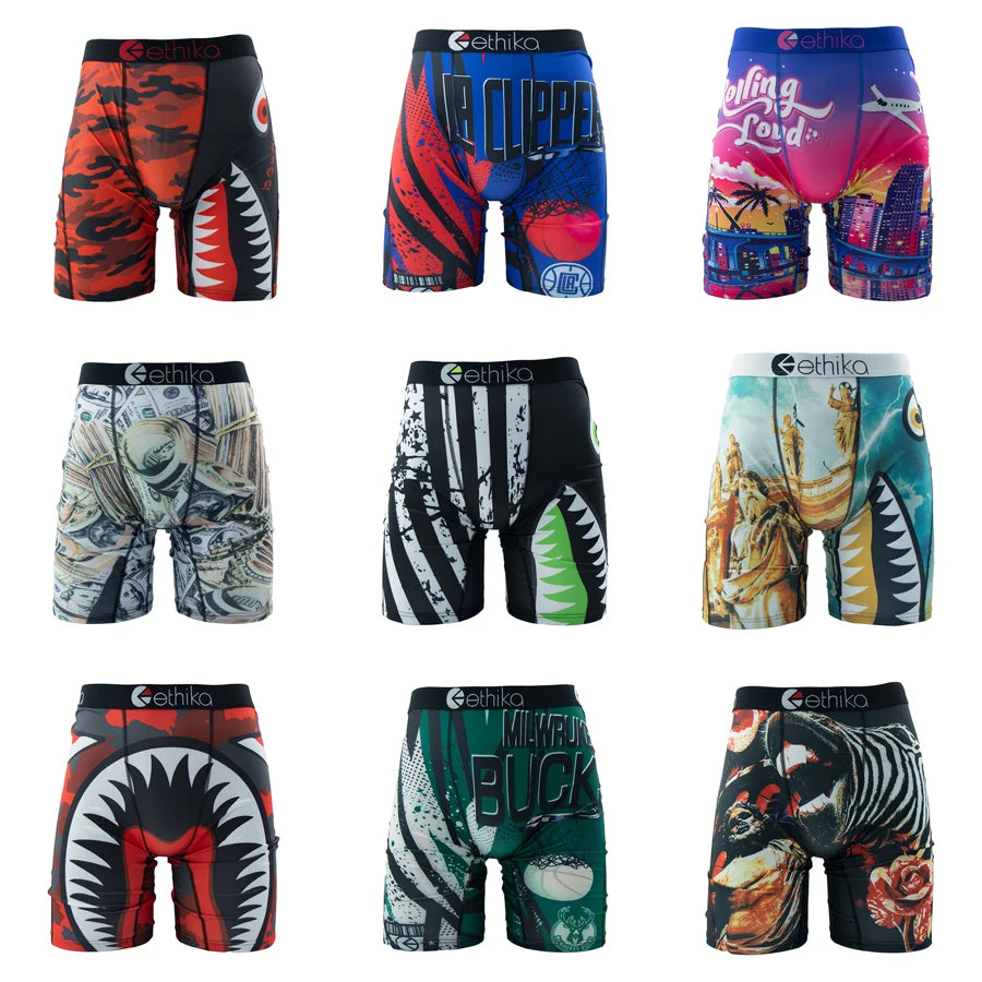 Variety of Ethika men's boxer briefs featuring bold designs and colors for comfort and style