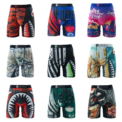 Variety of Ethika men's boxer briefs featuring bold designs and colors for comfort and style