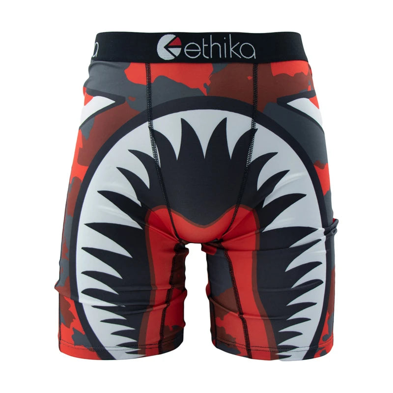 Ethika men's boxer briefs featuring a bold red and black graphic design for comfortable wear