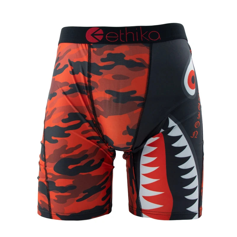 Ethika men's boxer briefs in orange camouflage design with shark graphic for comfort and style