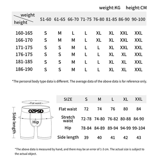 Sizing chart for Ethika men's boxer briefs with measurements for waist and hip sizes