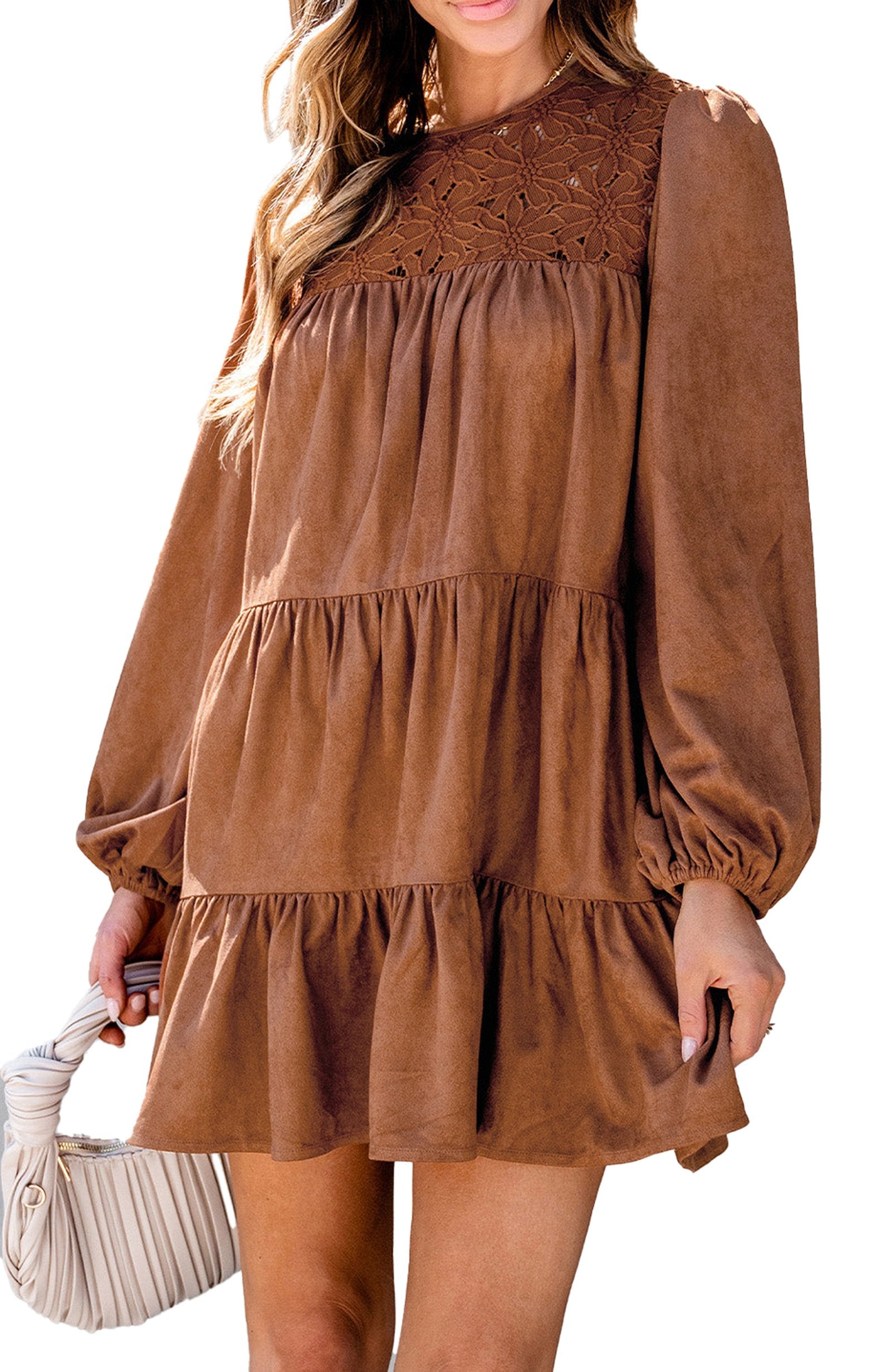 Model wearing chestnut floral lace mini dress with long puff sleeves tiered skirt and suede texture