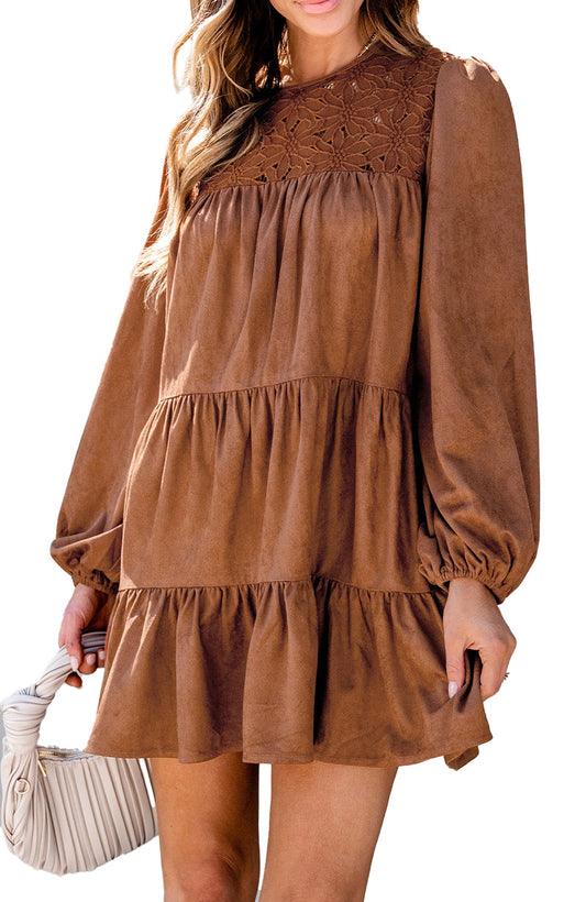 Model wearing chestnut floral lace mini dress with long puff sleeves tiered skirt and suede texture