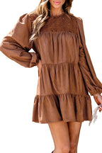 Dear Lover Dropshipping chestnut floral lace mini dress with long puff sleeves lace yoke tiered skirt