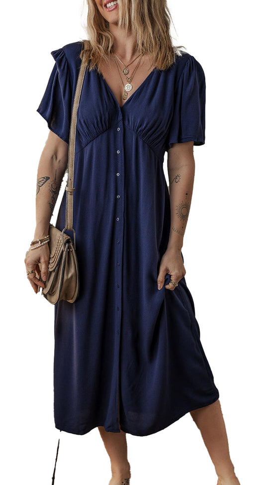 LuckeLadybug H Line navy blue midi dress with button front flutter sleeves and v neckline