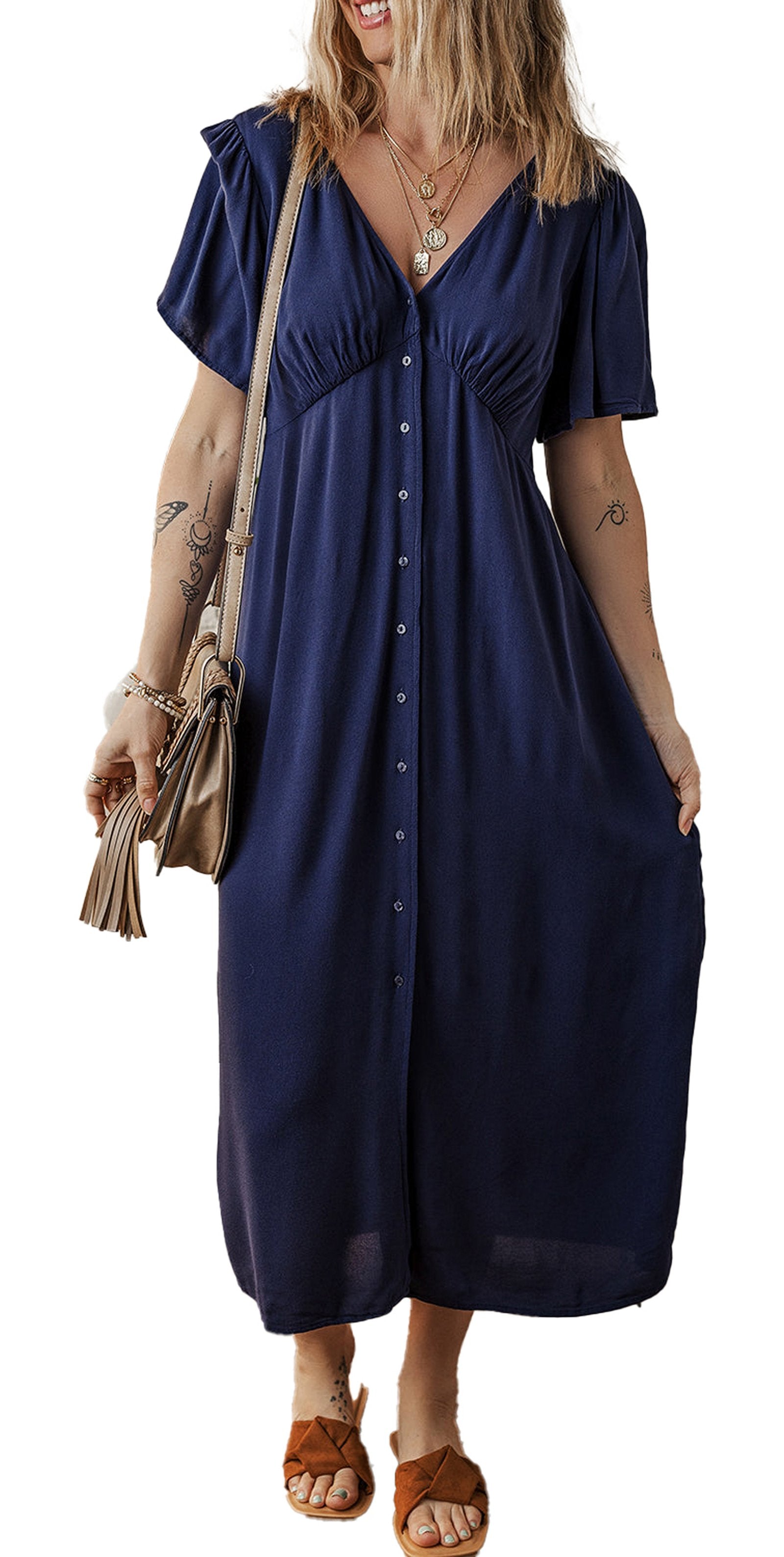 LuckeLadybug H Line navy blue midi dress with V neckline button front and flutter sleeves