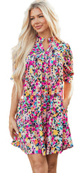 LuckeLadybug pink floral mini dress with puff sleeves tiered hem and vibrant garden print for spring