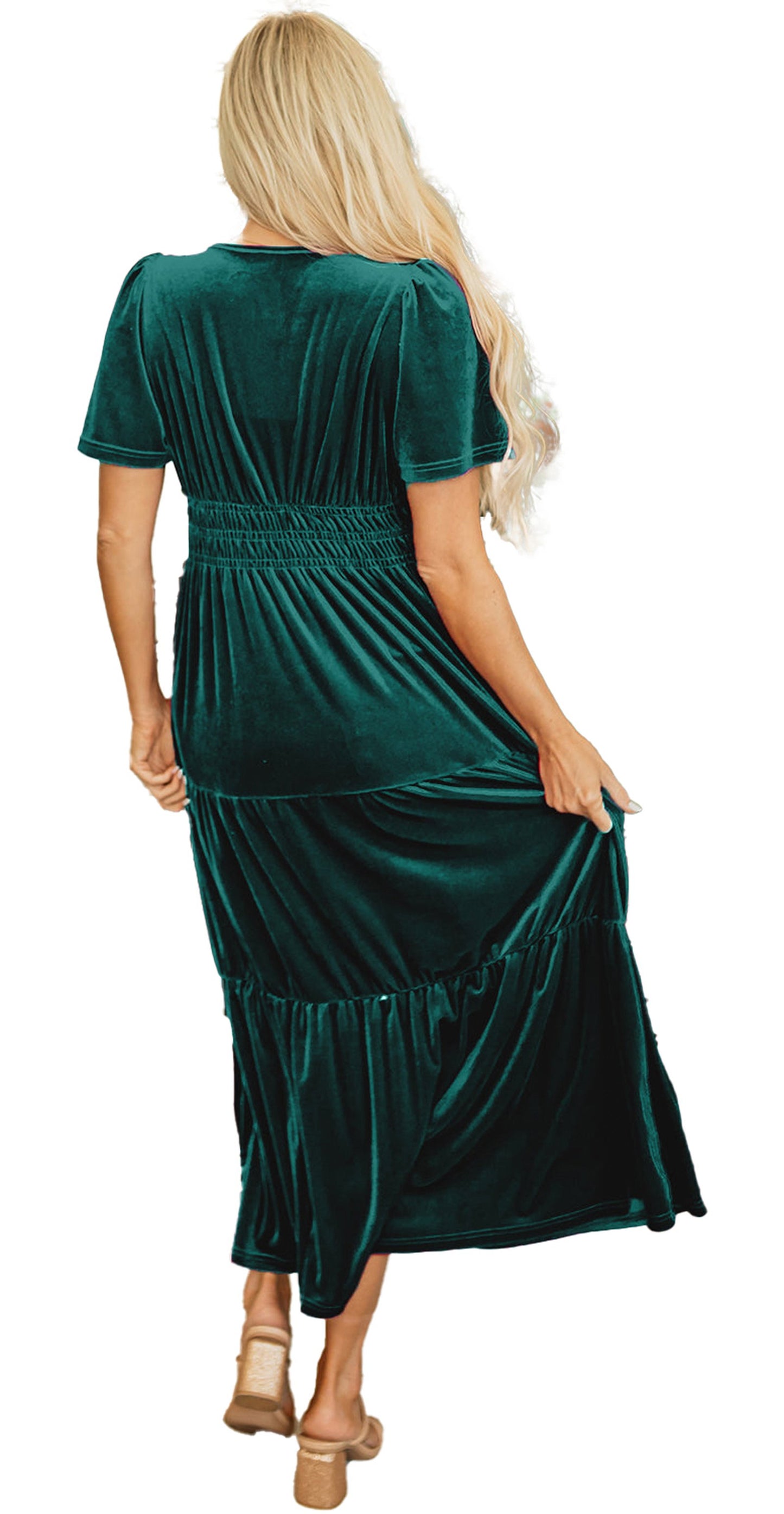 LuckeLadybug A Line red velvet maxi dress shown in teal back view with short sleeves and tiered skirt