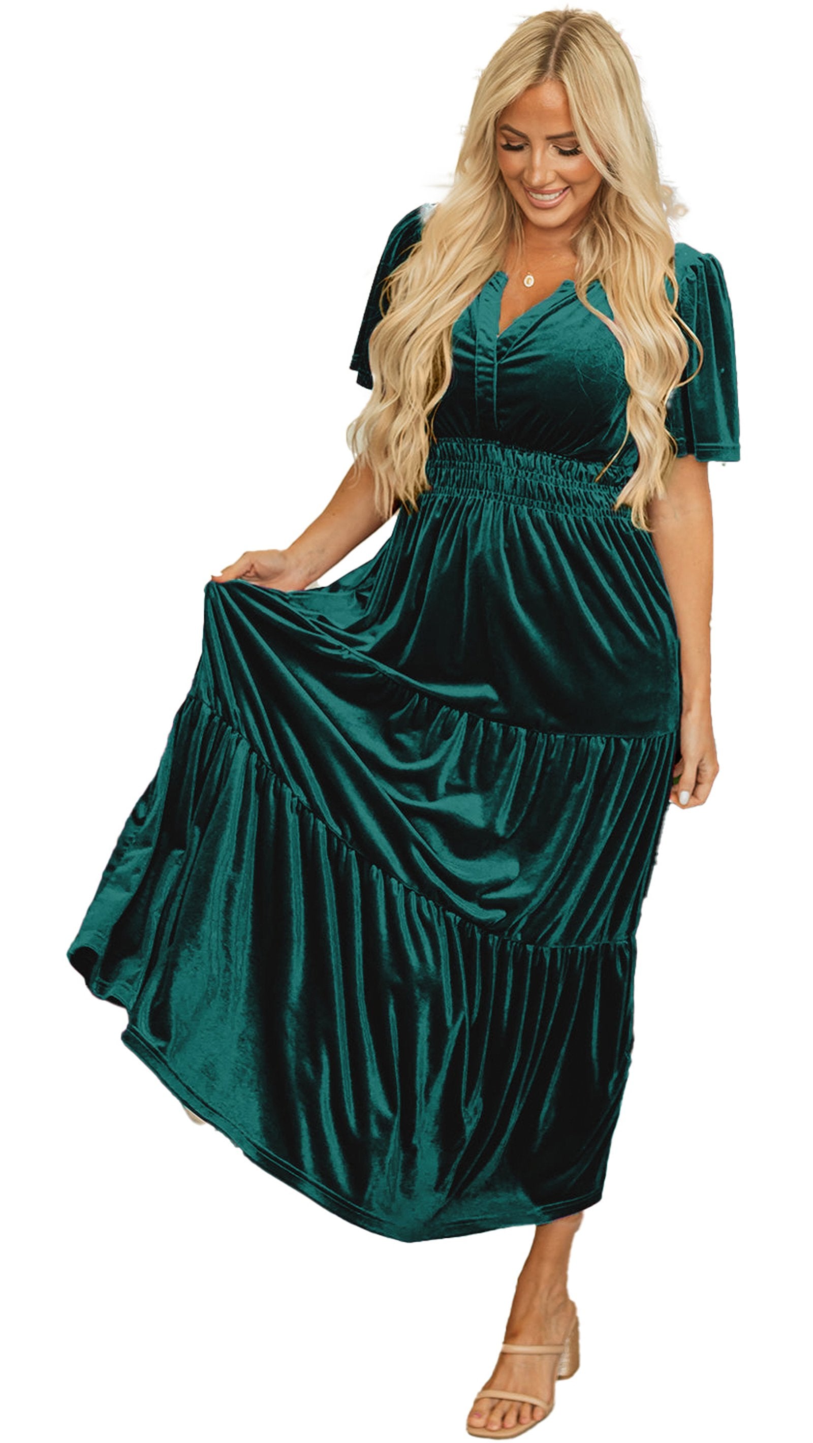 LuckeLadybug A Line red velvet maxi dress shown in emerald green with V neck smocked waist and tiered skirt
