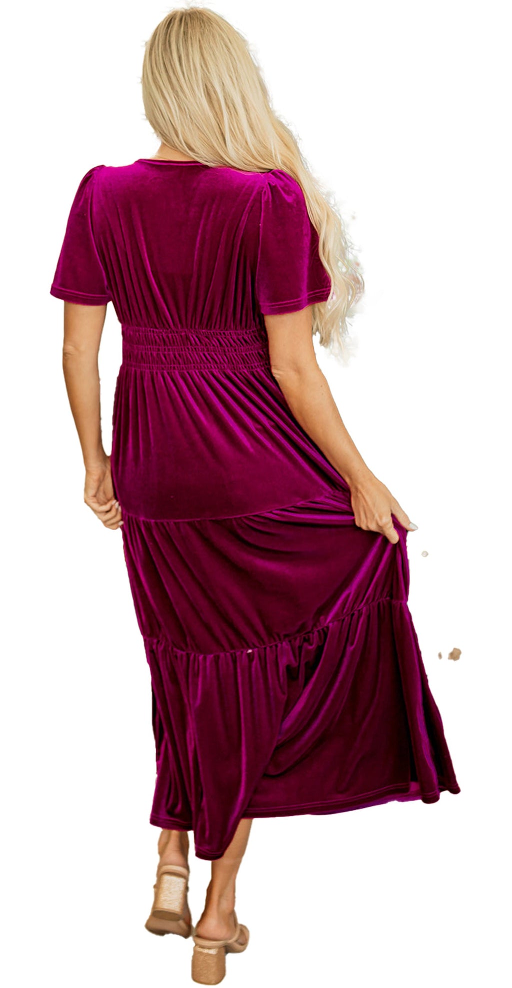 Back view of LuckeLadybug A Line red velvet maxi dress with smocked waist and tiered skirt
