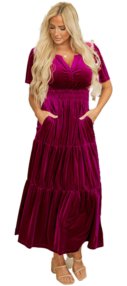 LuckeLadybug red velvet maxi dress A line with V neck ruched waist short sleeves tiered skirt and pockets