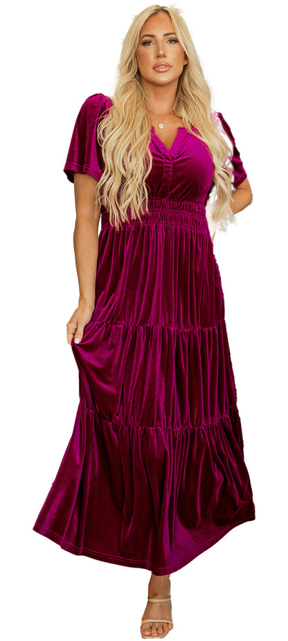 LuckeLadybug A Line red velvet maxi dress with V neck short sleeves ruched waist and tiered skirt
