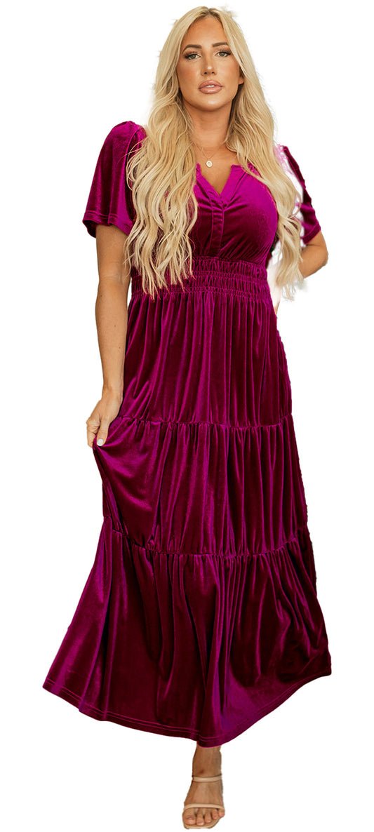 LuckeLadybug A Line red velvet maxi dress with V neck short sleeves ruched waist and tiered skirt