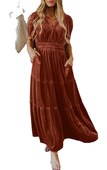 LuckeLadybug red velvet maxi dress with smocked waist pockets short sleeves and tiered boho silhouette