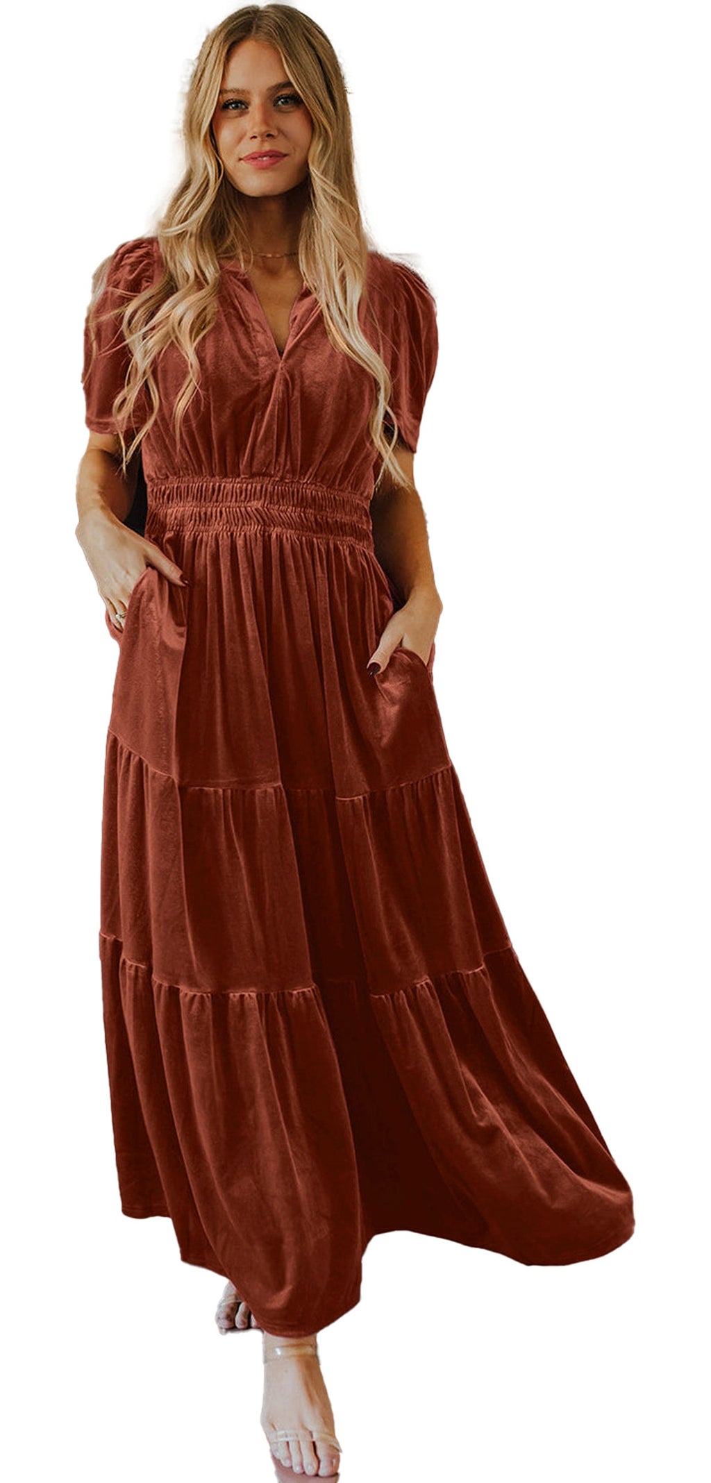 LuckeLadybug A Line red velvet maxi dress on model in front of fireplace with holiday stockings