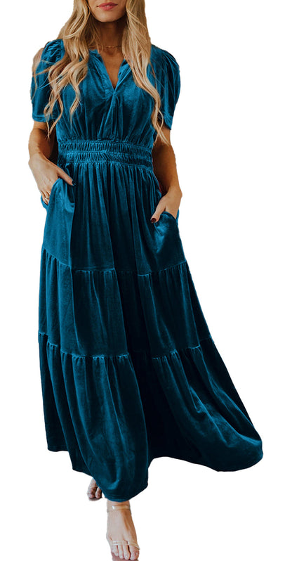 LuckeLadybug A-Line teal velvet maxi dress with smocked waist and pockets shown, product labeled red velvet maxi dress