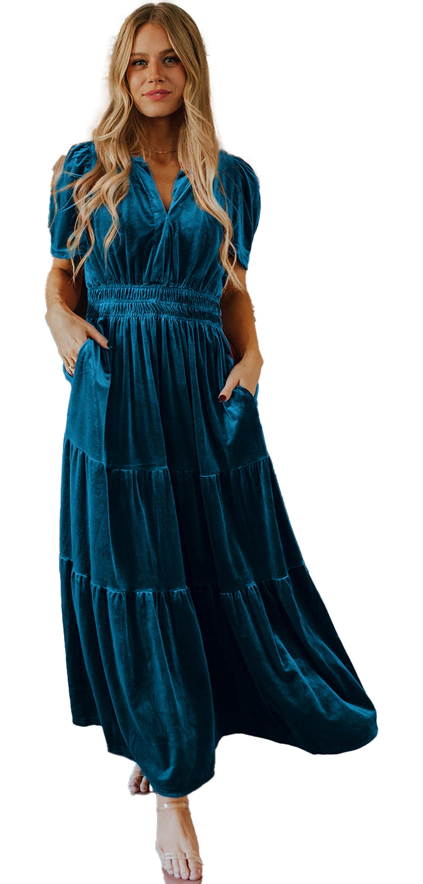 LuckeLadybug A Line red velvet maxi dress listing shows teal velvet maxi dress on model by fireplace