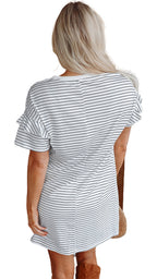 LuckeLadybug H Line white stripe ruffle sleeve mini dress back view on model with blonde hair and boots