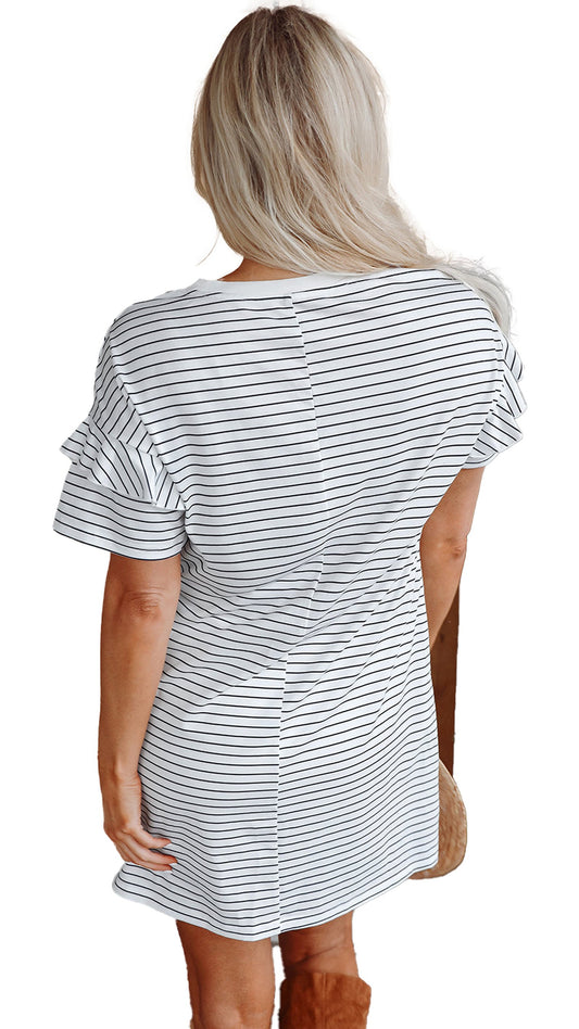 LuckeLadybug H Line white stripe ruffle sleeve mini dress back view on model with blonde hair and boots