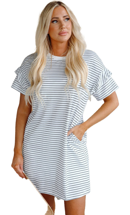 Model wearing LuckeLadybug white stripe ruffle sleeve mini dress H Line silhouette with side pockets