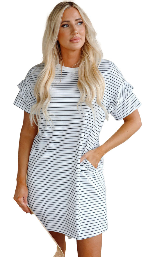 Model wearing LuckeLadybug white stripe ruffle sleeve mini dress H Line silhouette with side pockets