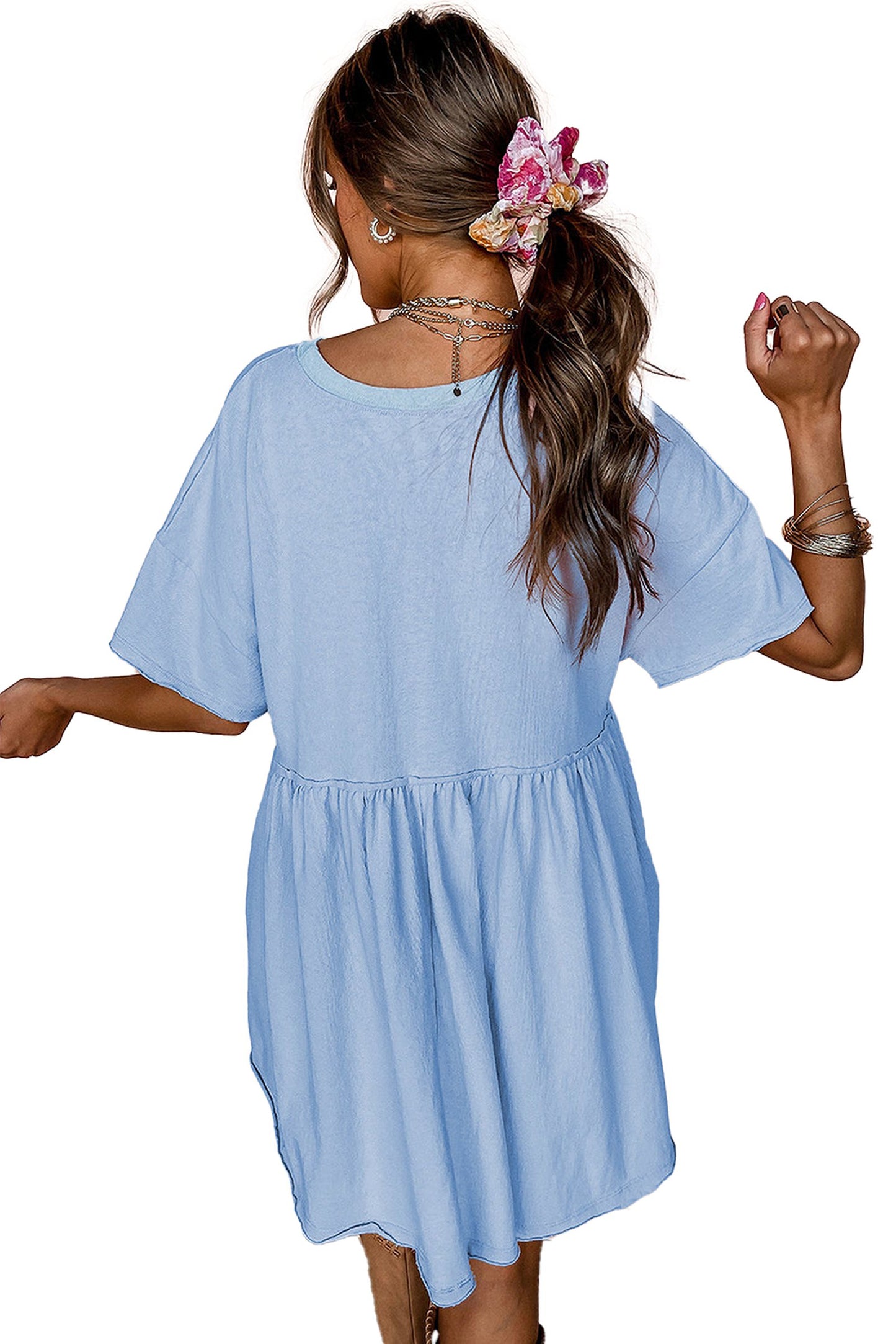 LuckeLadybug sky blue babydoll dress back view short sleeve mini dress with gathered waist casual summer wear