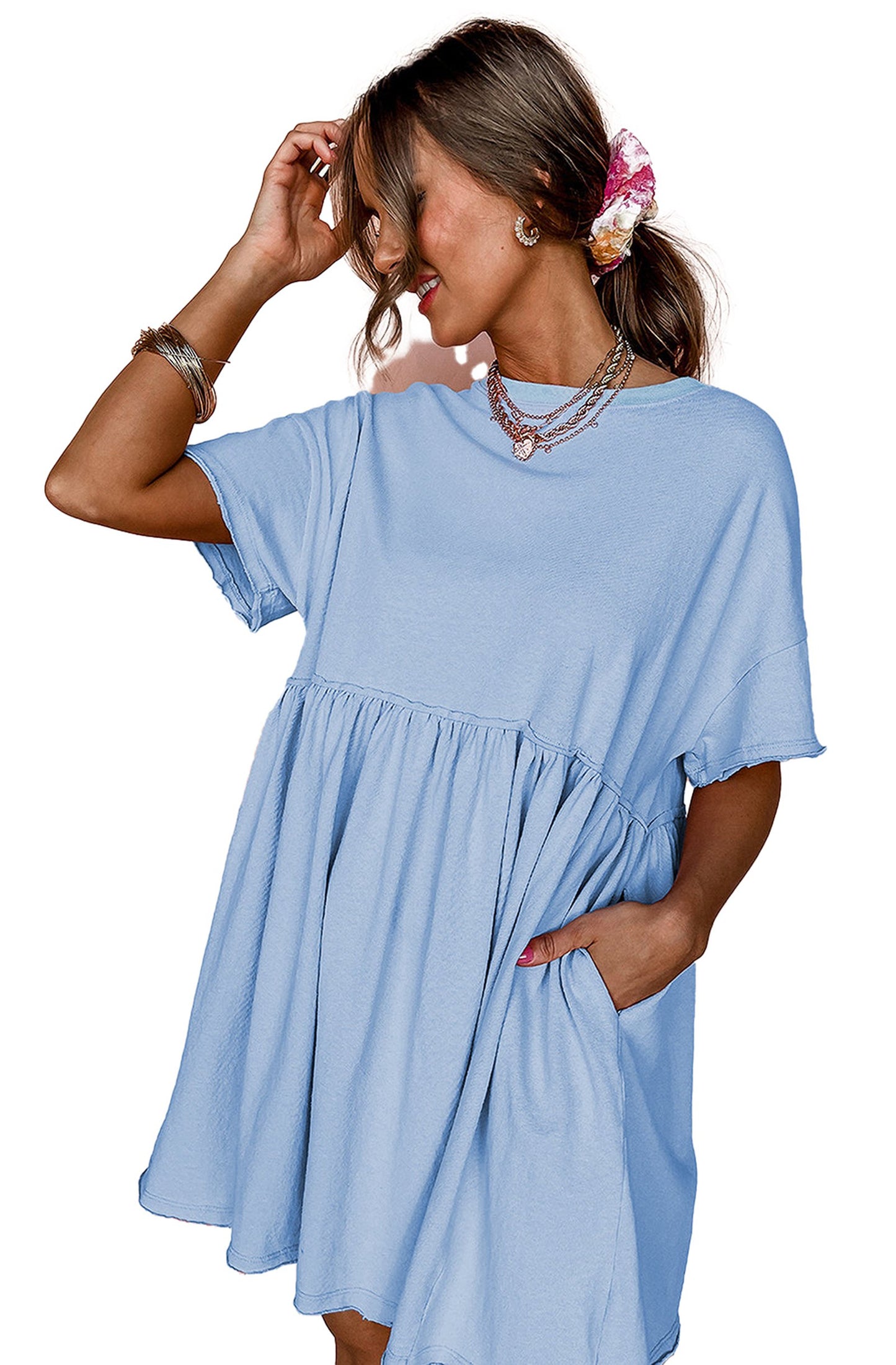 LuckeLadybug sky blue babydoll dress short sleeve mini with gathered waist pockets relaxed fit