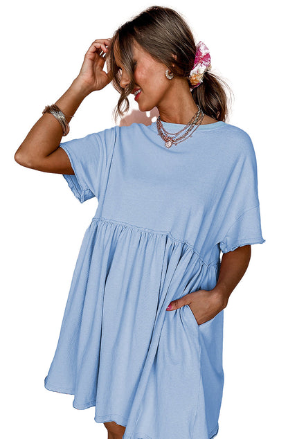 LuckeLadybug sky blue babydoll dress short sleeve mini with gathered waist pockets relaxed fit