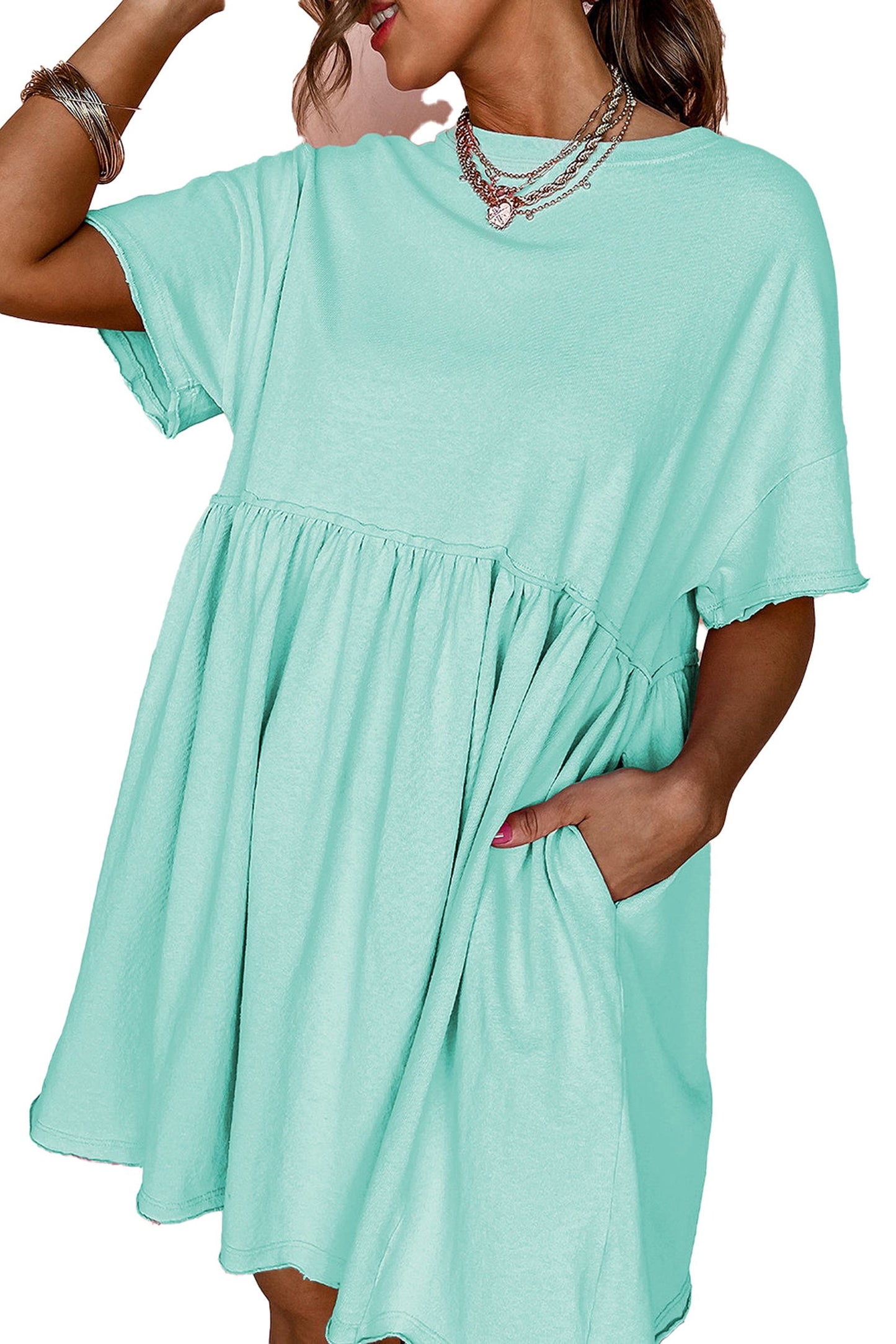 LuckeLadybug sky blue babydoll dress short sleeve casual mini dress with round neck tiered skirt and side pockets