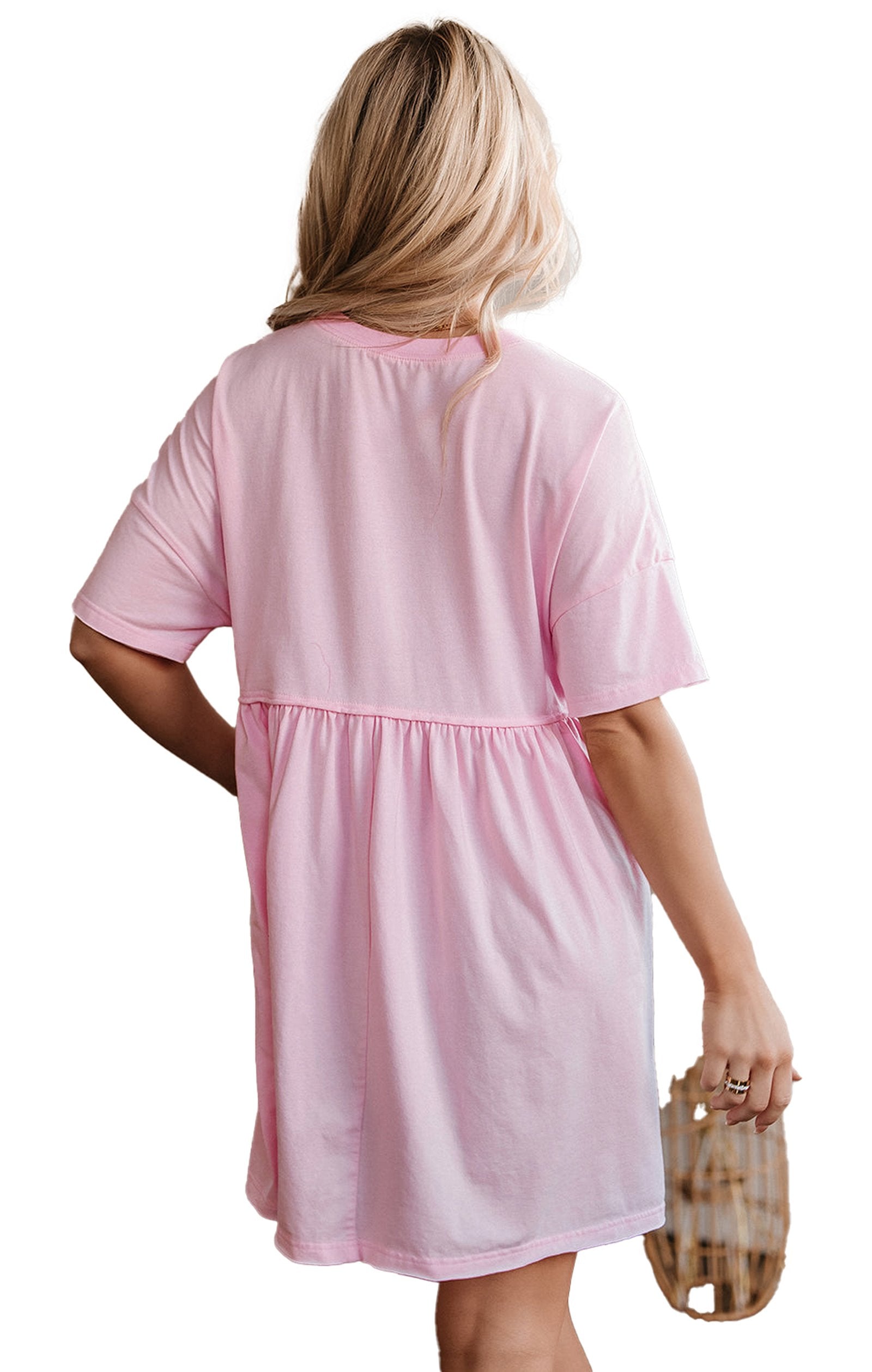 LuckeLadybug babydoll mini dress shown from back in soft pink with sky blue babydoll dress style reference