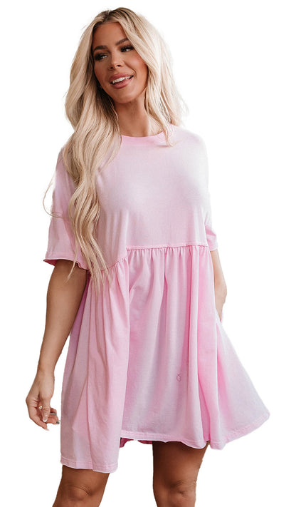 LuckeLadybug mini babydoll dress shown in soft pink on model product keyword sky blue babydoll dress