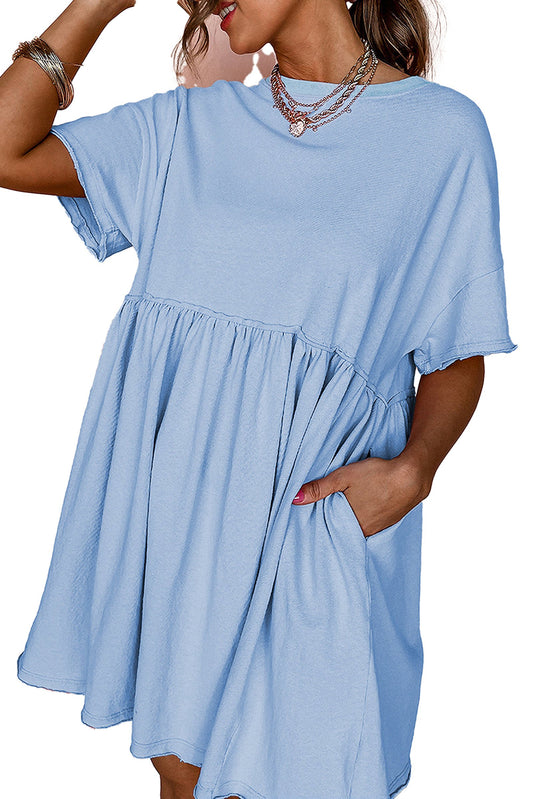 LuckeLadybug sky blue babydoll dress mini t shirt style with short sleeves side pocket relaxed fit