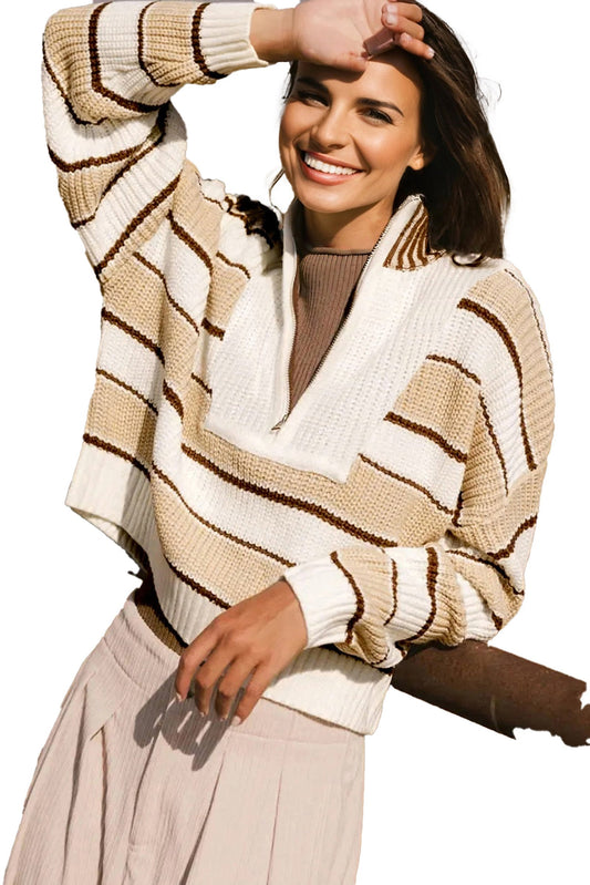 Khaki Stripe Half Zip Drop Shoulder Womens Sweater