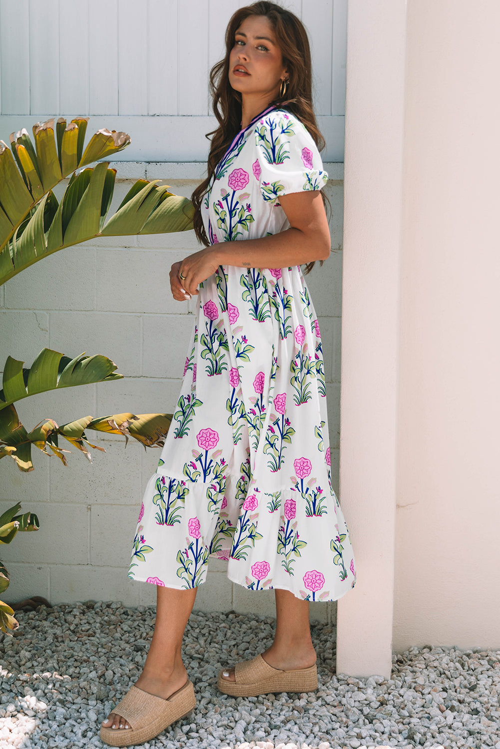 Sky Blue Floral Maxi Dress Tiered V-Neck