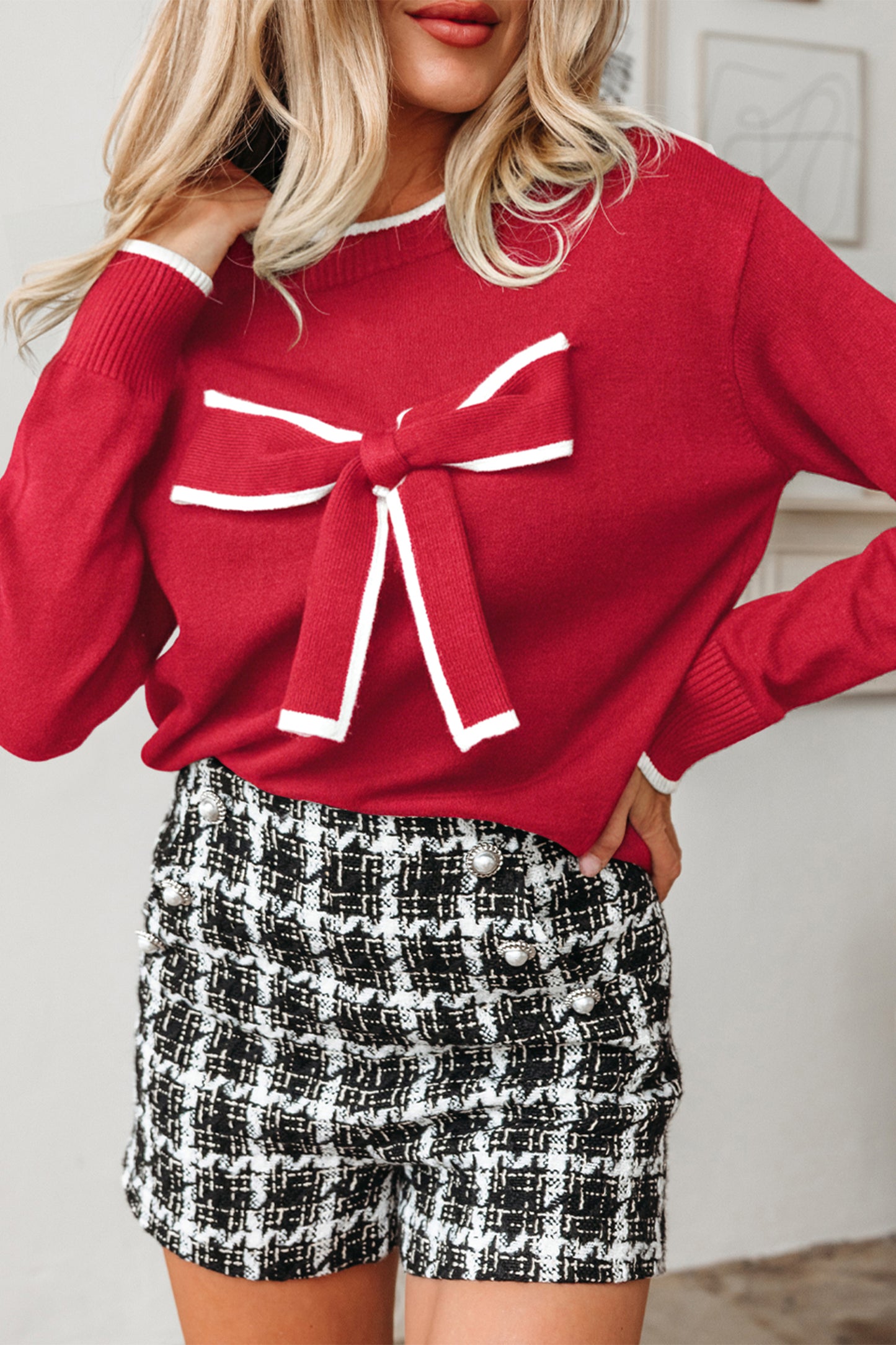 Red Bow Accent Holiday Sweater