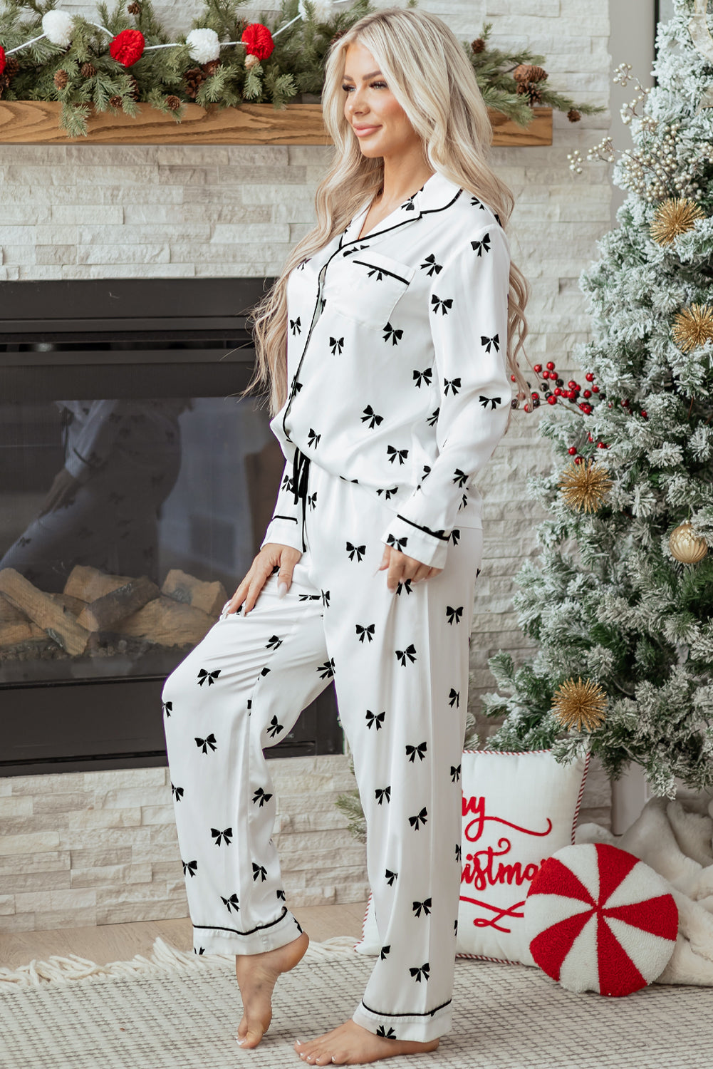 White Bows Print Sleepwear Set