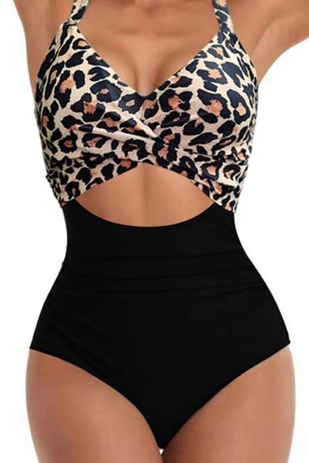 LuckeLadybug LLC Leopard Print Monokini with High Waist and Cutout Design for a Stylish Look