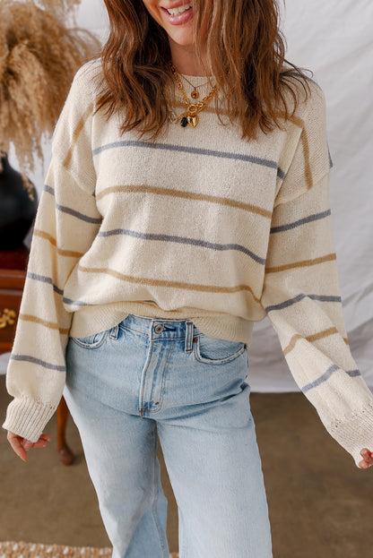 Brown Stripe Drop Shoulder Sweater