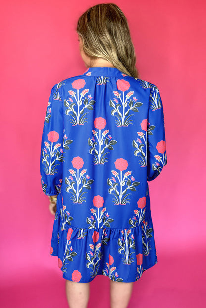Blue Floral Print Dress Ruffle Hem