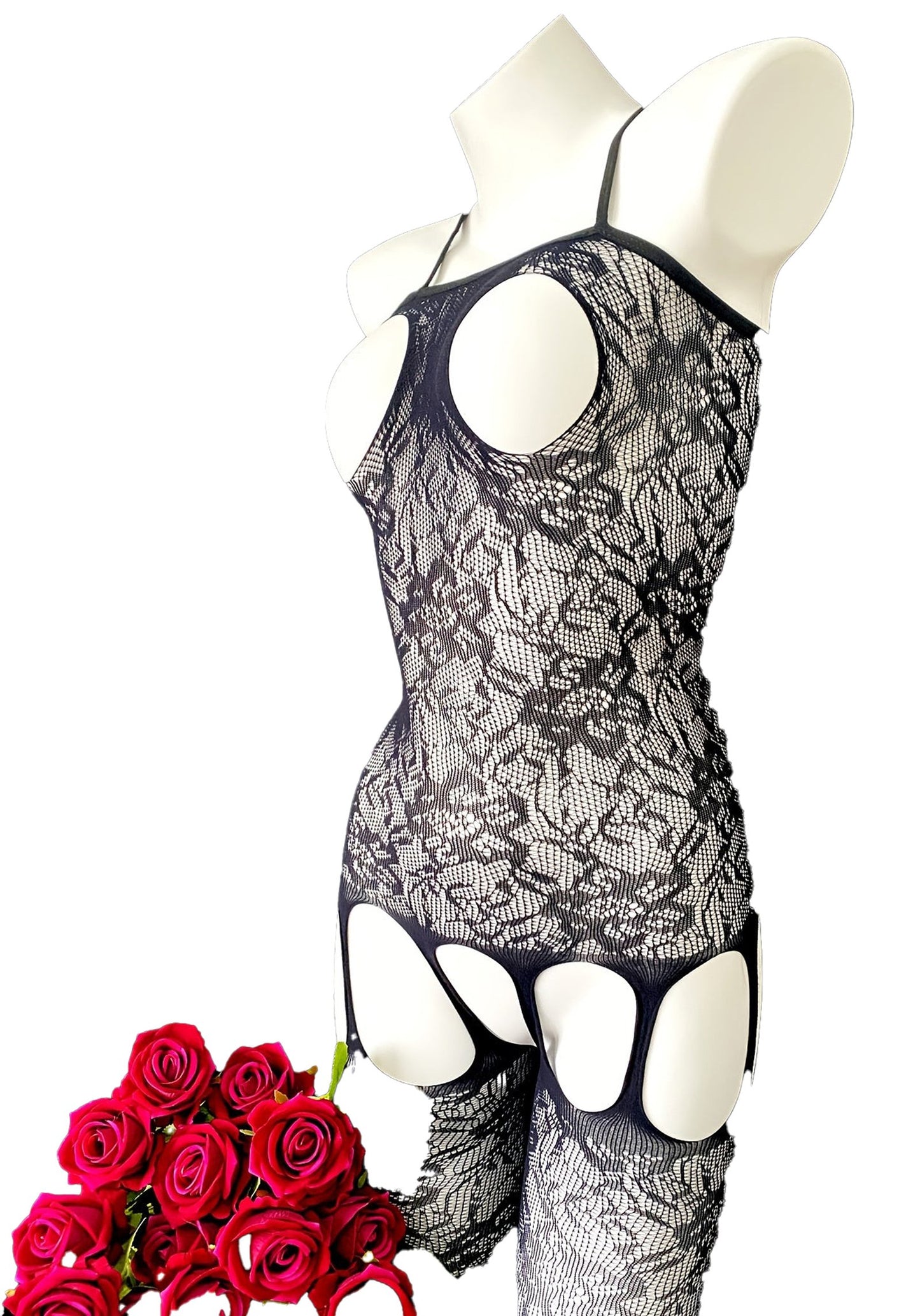 Side View of Hollow Out Jacquard Sleeveless Bodystocking