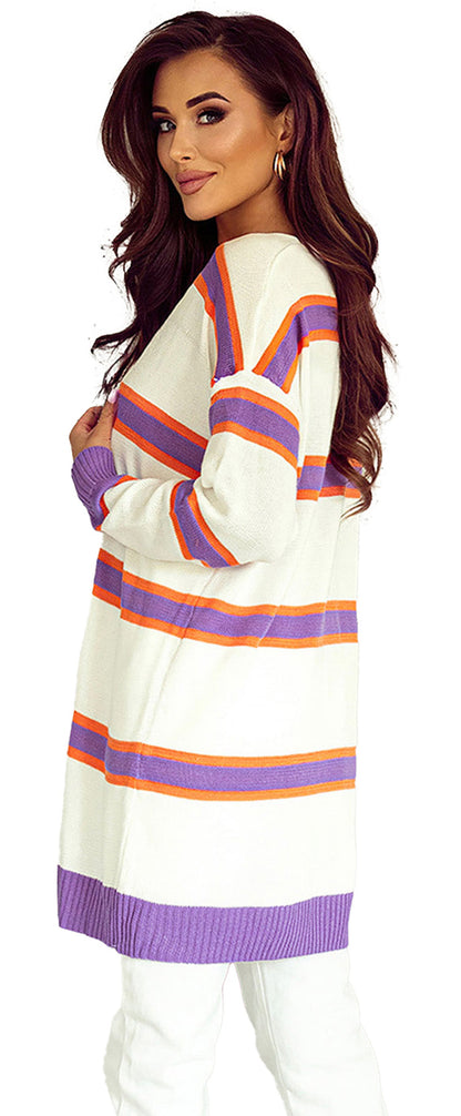 Beige Striped Cardigan For Women