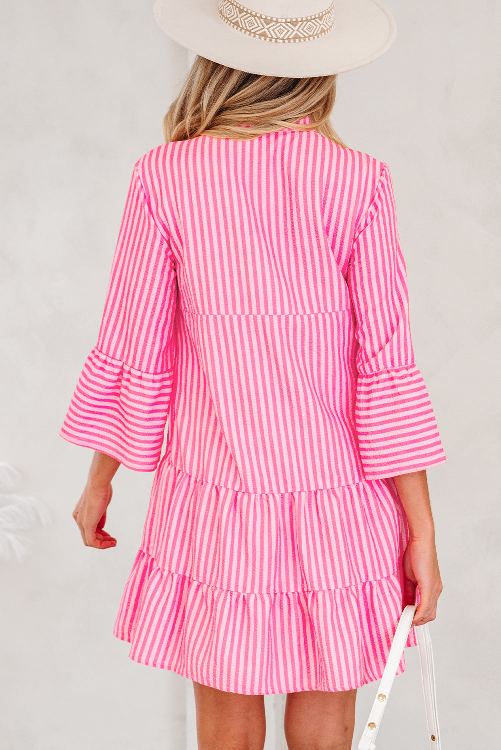 Pink Stripe Flare Sleeve Mini Dress Ruffle